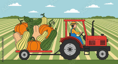 Farmer Driving Tractor Delivering Harvest, Loaded With Pumpkins and Vegetables