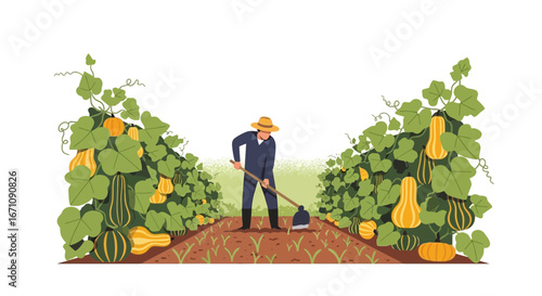 Farmer Cultivating Crops In His Organic Farm, Harvesting Fresh Produce For Community