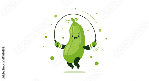 Happy Zucchini Character Jumping Rope in a Playful and Sporty Illustration
