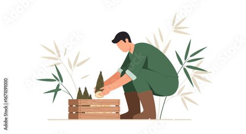 Farmer Harvesting Fresh Bamboo Shoots from Wooden Crate with Elegant Botanical Elements
