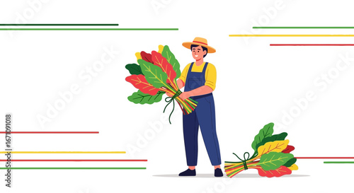 Farmer Harvesting Fresh Colorful Chard Bundles Showcased Against A Simple Background