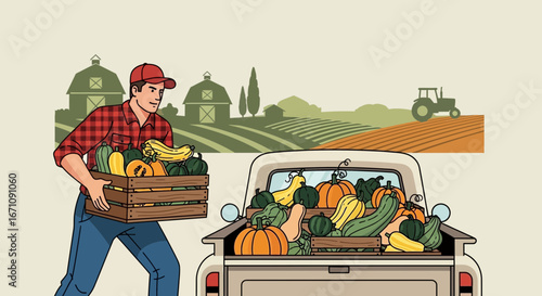 Farmer Harvesting Fresh Produce And Delivering Crops From Field To Barns With Pickup Truck