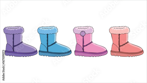 warm winter boots collection with fur lining details vector art isolated on white background