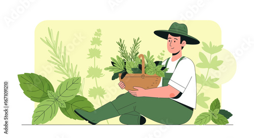 Farmer Holding a Basket of Herbs in a Garden, Gathering Freshly Grown Treasures