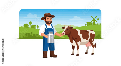 Farmer Interacting With a Dairy Cow, Illustrating Agricultural Life and Milk Production
