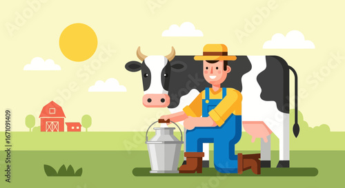 Farmer Milking Cow In A Field, Featuring a Barn, Sun, and Decorative Clouds Scene