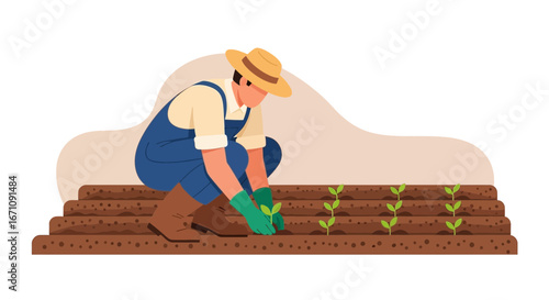 Farmer Planting Seedlings in Garden, Cultivating Plants, Agriculture, Agricultural Work