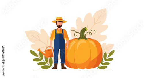 Farmer Posing Beside Giant Pumpkin with Watering Can and Autumnal Foliage