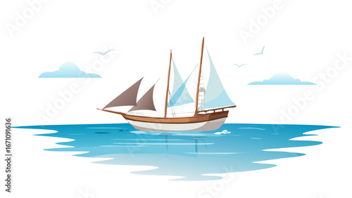Graceful sailboat on blue water with clouds and birds
