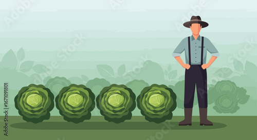 Farmer Proudly Stands Beside a Row Of Lush Cabbages in a Verdant Field Illustration