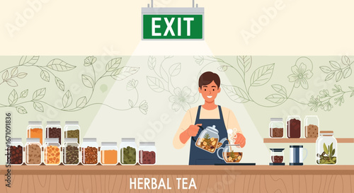 Herbal Tea Shop Illustration with a Barista Crafting a Soothing and Delightful Drink Presentation