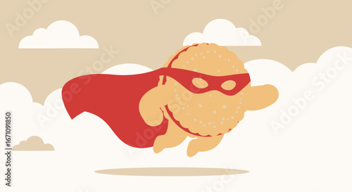 Heroic Burger Soaring Through The Sky Wearing A Mask and A Red Cape