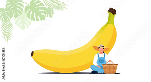 Farmer Resting Beside Giant Banana Celebrating Tropical Fruit Harvest Season Illustration