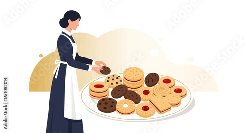 Housekeeper Presenting Assortment Of Cookies On A Plate In A Flat Design Style