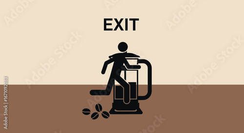 Humorous Exit Sign Depicting A Person Escaping A Coffee Maker For A Funny Visual