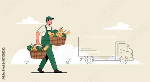 Farmhand Transporting Baskets Of Fresh Produce Alongside A Delivery Truck Animation
