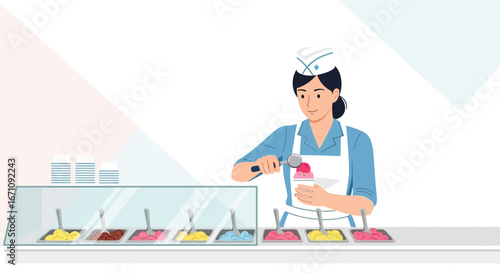 Ice Cream Server Scooping Delicious Frozen Treats In A Bright, Colorful Store