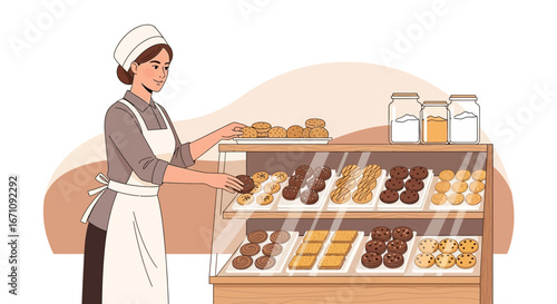 Female Baker Displaying Delicious Cookies Behind A Counter, Ready For Purchase
