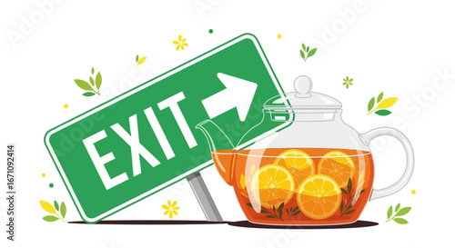 Illustrated Exit Sign: Freshly Brewed Citrus Tea Conceptual Departure and Refreshment