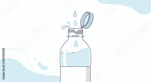Illustrated Refreshment: Water Bottle Design With Water Droplets and Flowing Fluid