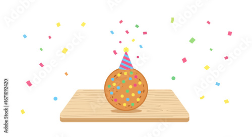 Festive Cookie With Party Hat And Falling Confetti Celebrating A Special Occasion
