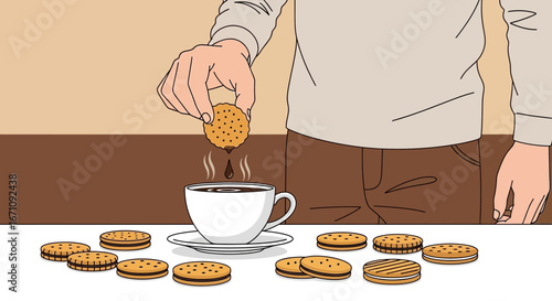 Illustration Depicting Cookie Dipping into Coffee with Hand and Coffee Cup Closeup