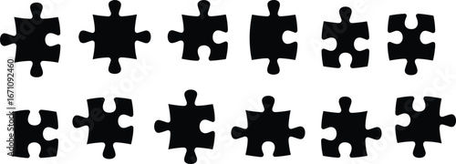 Set of black silhouette puzzle pieces on a white background jigsaw