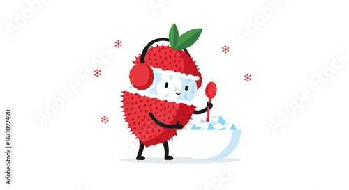 Festive Fruit Enjoying Icy Delights amidst Winter Snowflakes with Ear Muffs and Spoon