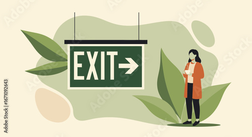 Illustration Symbolizing Escape and Departure with a Relaxed Individual and Decorative Vegetation