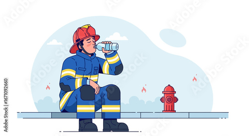 Firefighter Takes Refreshment Pause After A Long Battle Near Fire Hydrant And Flames