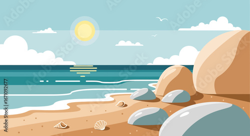 Illustrative Beach Scene Depicting Serene Waters, Bright Sun, and Coastal Elements