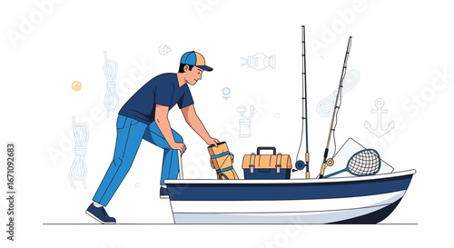 Fisherman Prepares His Boat To Go Fishing, Flat Illustration, Ready for Adventure