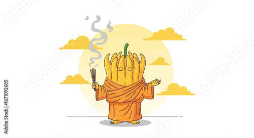 Illustrative Cartoon of Meditating Squash Character Holding Incense Sticks on White Background