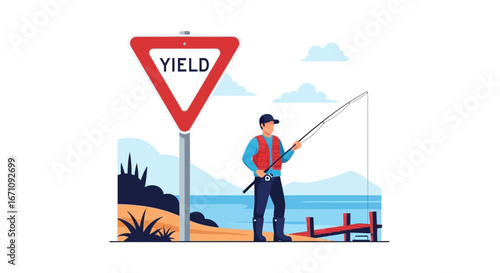 Fisherman Yielding to the Call of the Water Under Bright and Sunny Sky Scenery