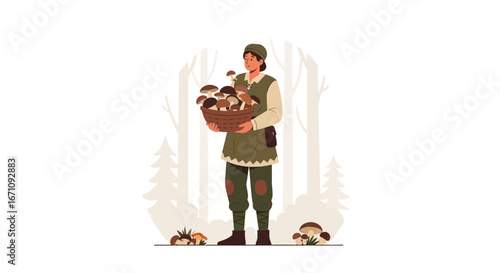 Forager Carrying Basket Fulfilling Task Of Gathering Mushrooms In The Forest