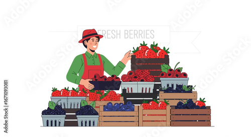 Fresh Berries Farmer Stands Behind Display Showcasing Assortment Of Delicious Fruits And Produce