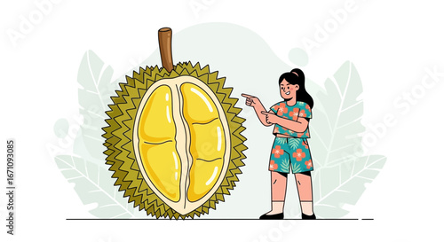 Illustrative Display Of A Woman Highlighting A Vividly Drawn Durian Fruit