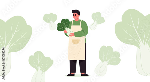 Fresh Greens Farmer Presenting Bok Choy Harvest On White Background For Nutrition
