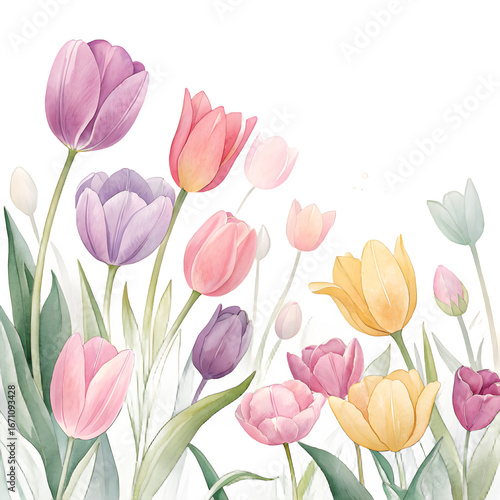 Beautiful watercolor painting of colorful tulips on a black background