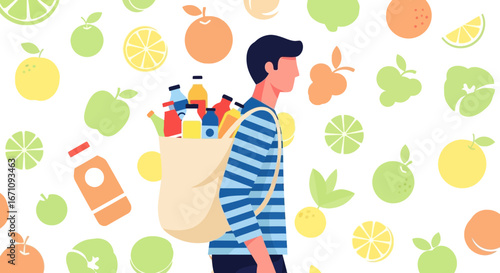 Individual Carrying Groceries in a Bag with a Colorful Fruit and Drink Pattern Background