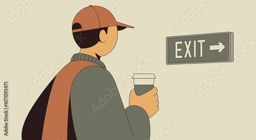 Individual Observing Exit Sign With Coffee Cup and Considering Departure