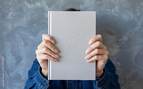 Person hiding face behind blank book against textured wall