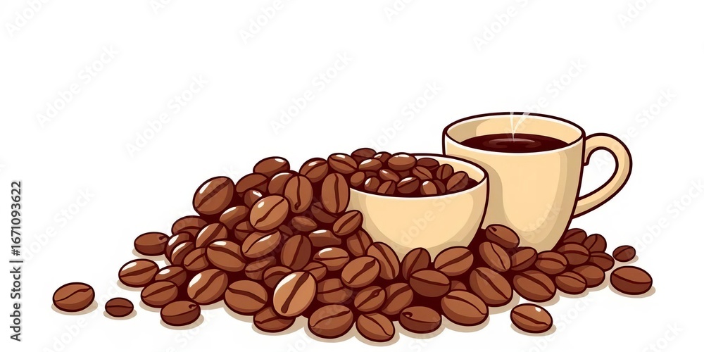 Obraz premium Hand-drawn vector coffee beans & cups, modern flat design, cute cafe motif, trendy, drink