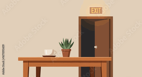 Interior Illustration Featuring Exit Sign, Door, Coffee Cup, Potted Plant, and Wooden Table