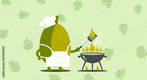 Jackfruit Chef Entertaining with Grill and Spatula on Green Background Illustration