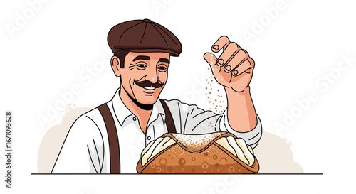 Italian Baker Dusting Confectioner's Sugar on a Freshly Baked Cannoli Delight