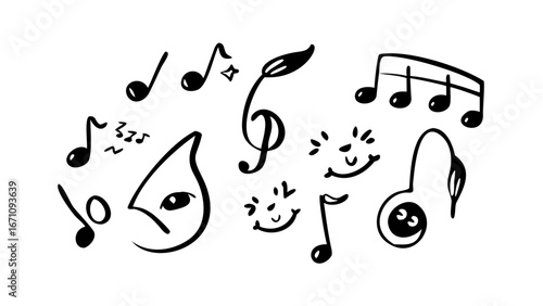 Hand drawn musical notes and symbols treble clef bass clef