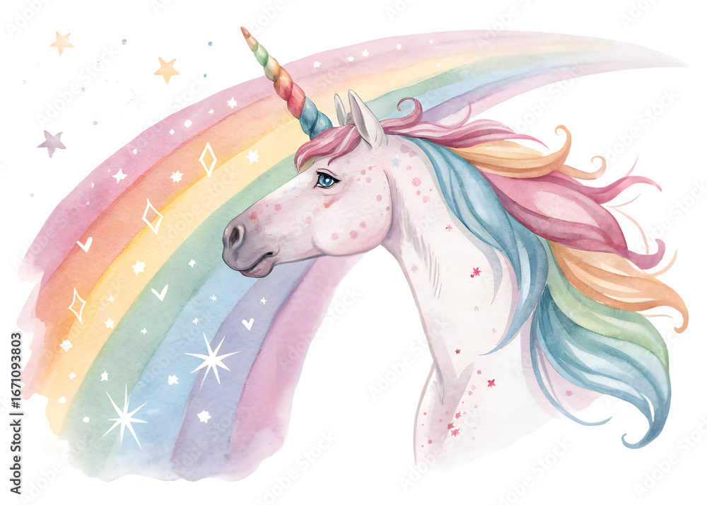 Fototapeta premium Majestic white unicorn with rainbow mane and stars on black background
