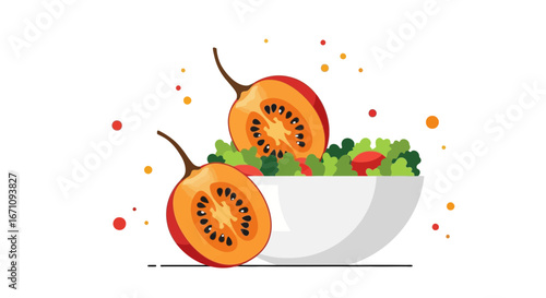 Freshly Cut Tamarillo With Salad In White Bowl, Isolated on White Background