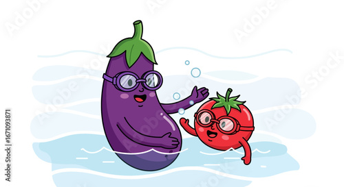 Joyful Aquatic Adventure Featuring an Eggplant and Tomato Friends Enjoying a Swim in Water